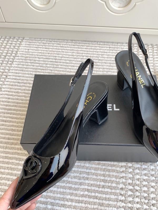 2025 Women Chanel Black Patent Leather Slingback Pumps Heart CC KFY00300