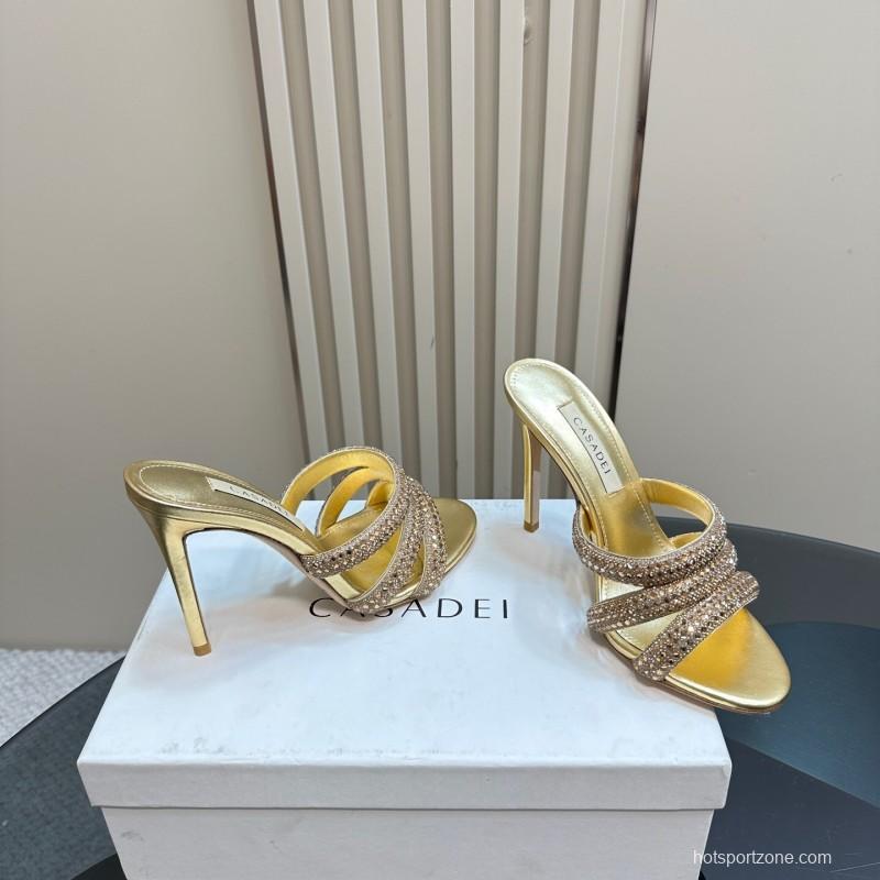 2025 Women Casadei Gold Glitter Leather High Heel Sandals