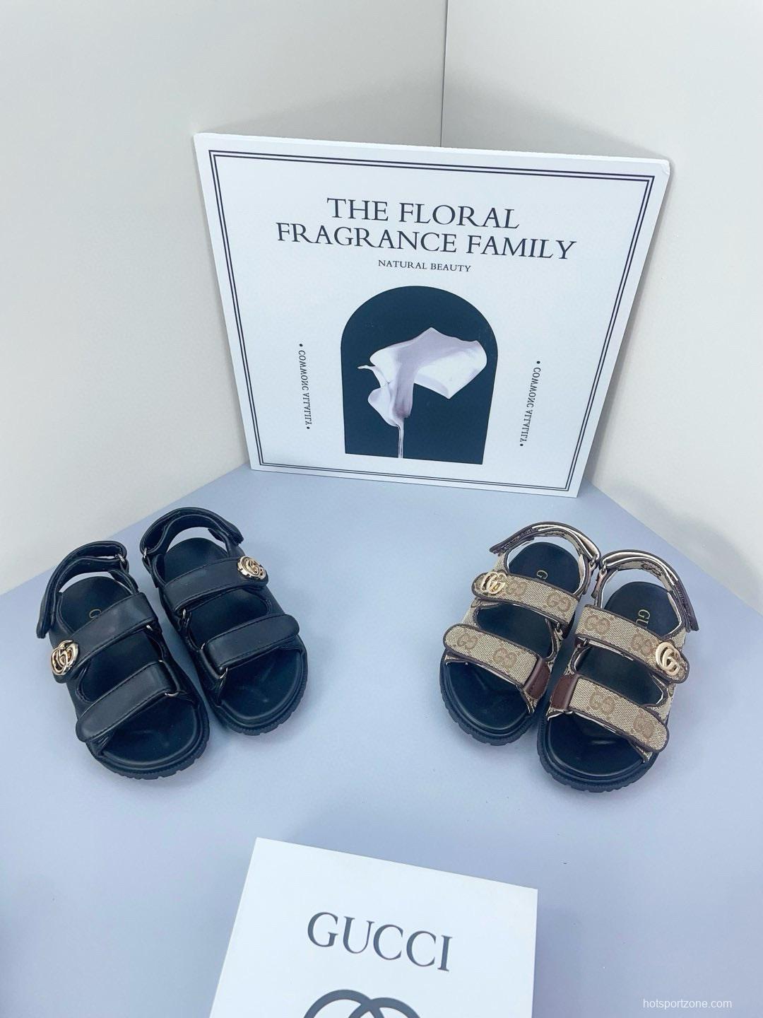 2025 Kids Gucci Black Brown Canvas Leather Sandals