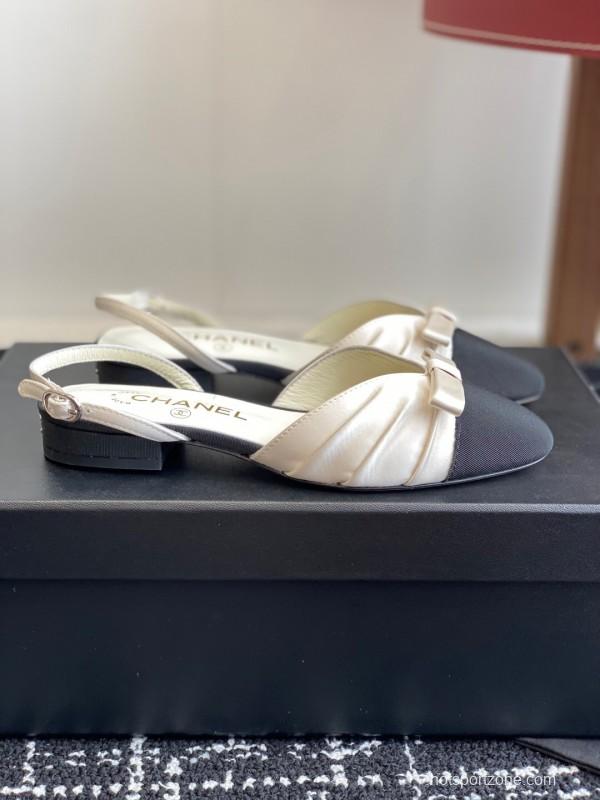 2025 Women Chanel Black Beige Silk Leather Sandals Bow KFY00289