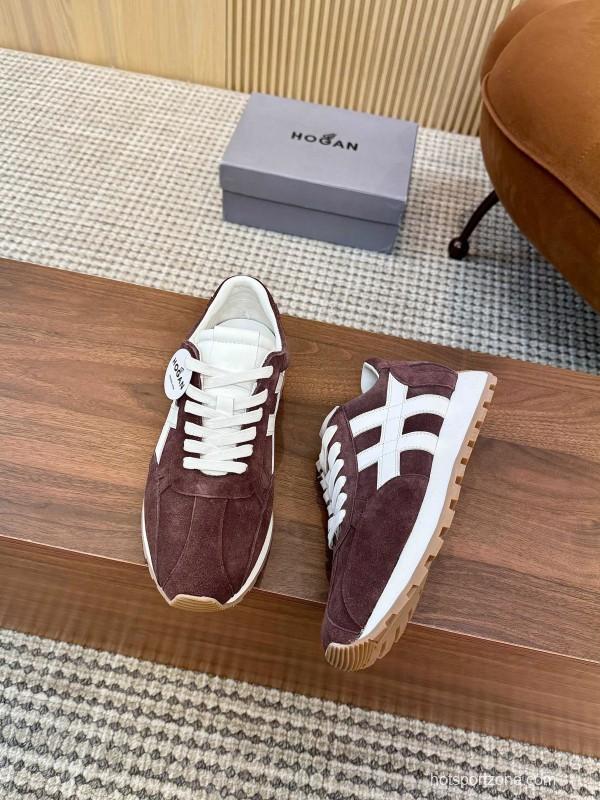 2025 Unisex HOGAN Burgundy White Suede Leather Sneakers