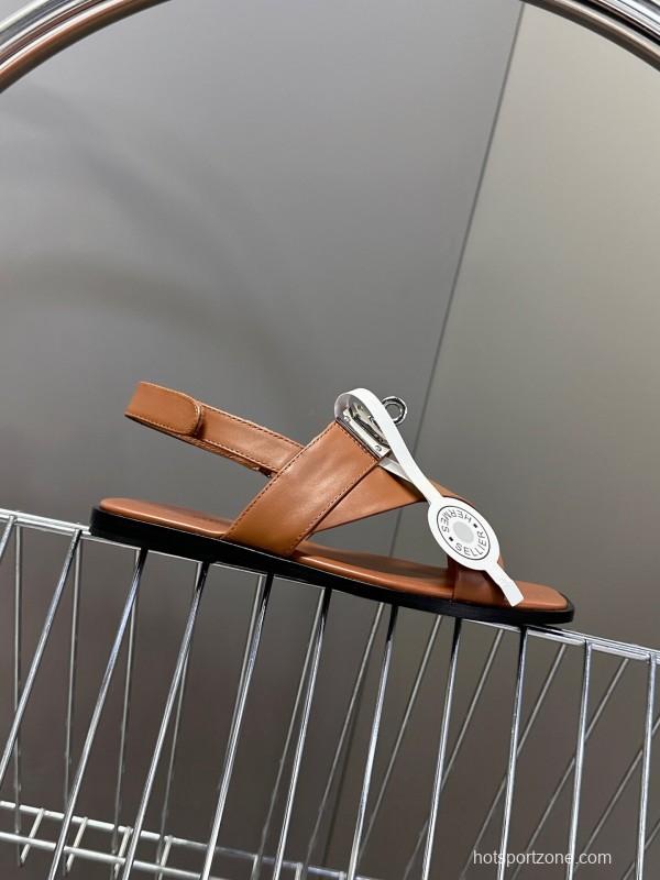 2025 Women Hermès Brown White Calfskin Leather Sandals Metal Hardware KFY00300