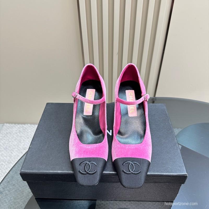 2025 Women Chanel Pink Black Velvet Mary Jane Shoes