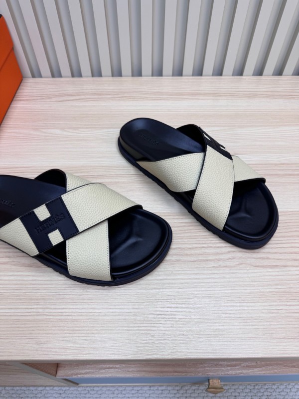 2025 Slippers Hermès Black Ivory Leather Cross Strap