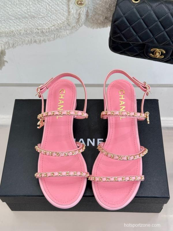 2025 Women Chanel Pink Leather Chain Strap Sandals