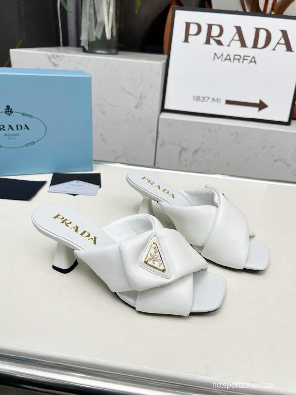 2025 Women Prada White Calf Leather Heeled Slide LY00270