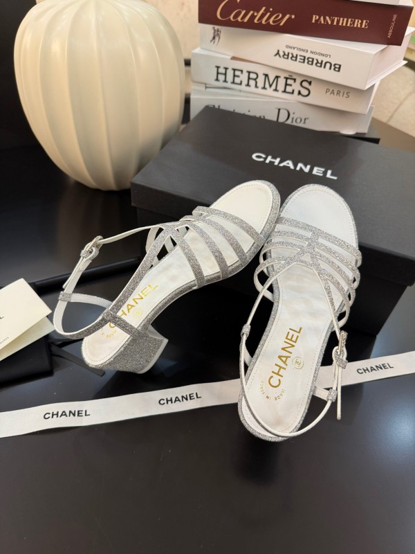 2025 Women Chanel White Synthetic Leather Sandals