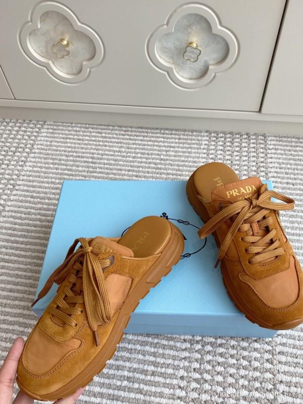 2025 Women Prada Brown Leather Suede Sneakers