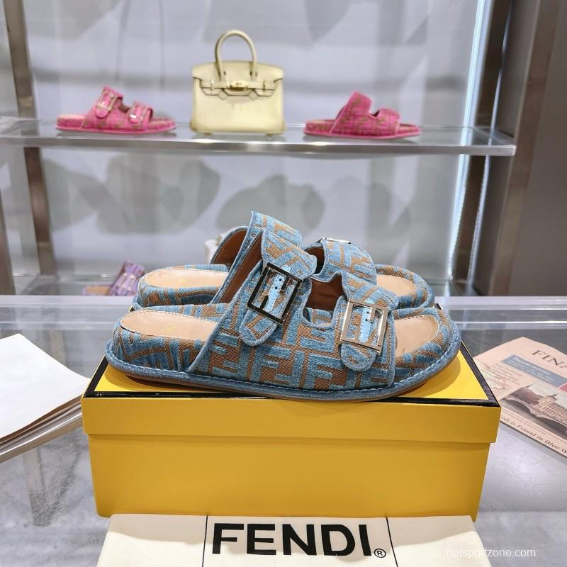 2025 Fendi Blue Beige Fabric Leather Slippers KFY00250