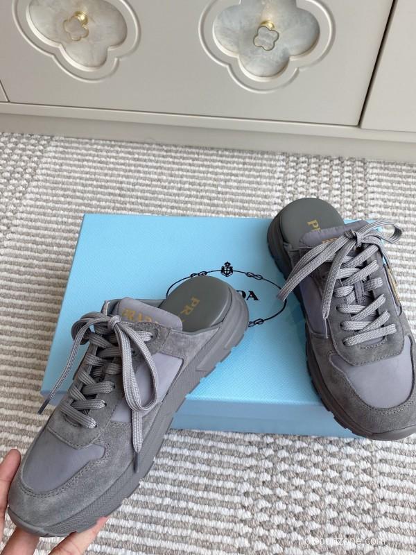 2025 Women Prada Grey Suede Nylon Sneakers LY00290