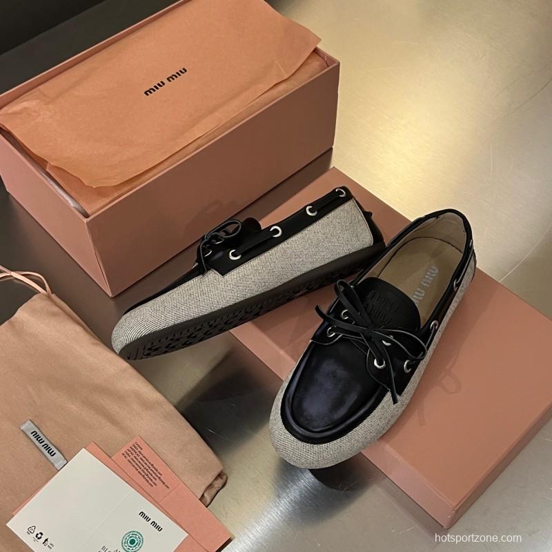 2025 Women Miu Miu Black Beige Leather Fabric Loafers