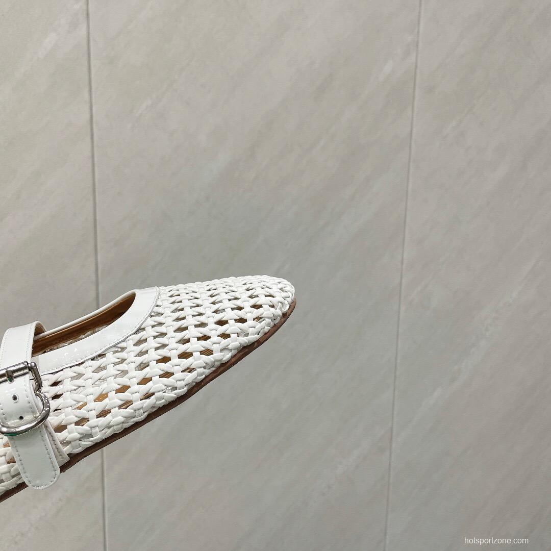 2025 Women Alaïa White Woven Leather Flat Mary Jane Shoes LY00360(F)