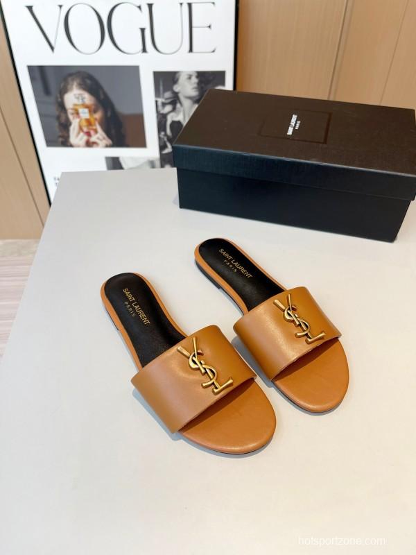 2025 Women Yves Saint Laurent Light Brown Leather Slippers LY00180