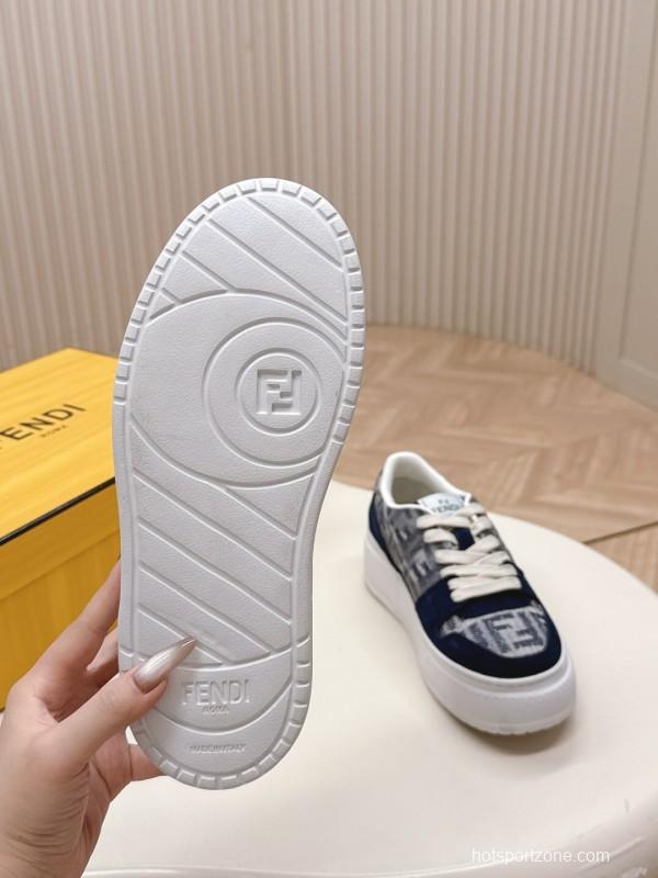 2025 Women Fendi Navy Grey Leather Canvas Sneakers LY00340