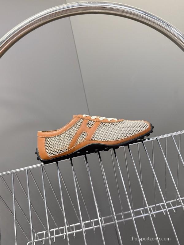 2025 Women Hermès Beige Brown Leather Mesh Sneakers KFY00250