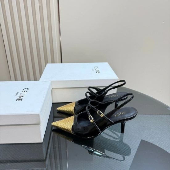 2025 Women CELIN* Black Gold Leather Pointed Toe Slingback Heels