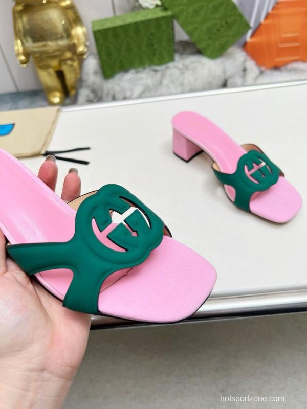 2025 Women Gucci Pink Green Leather Slippers