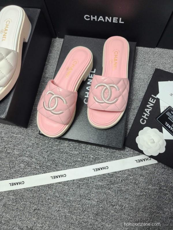2025 Women Chanel Pink Leather Slippers