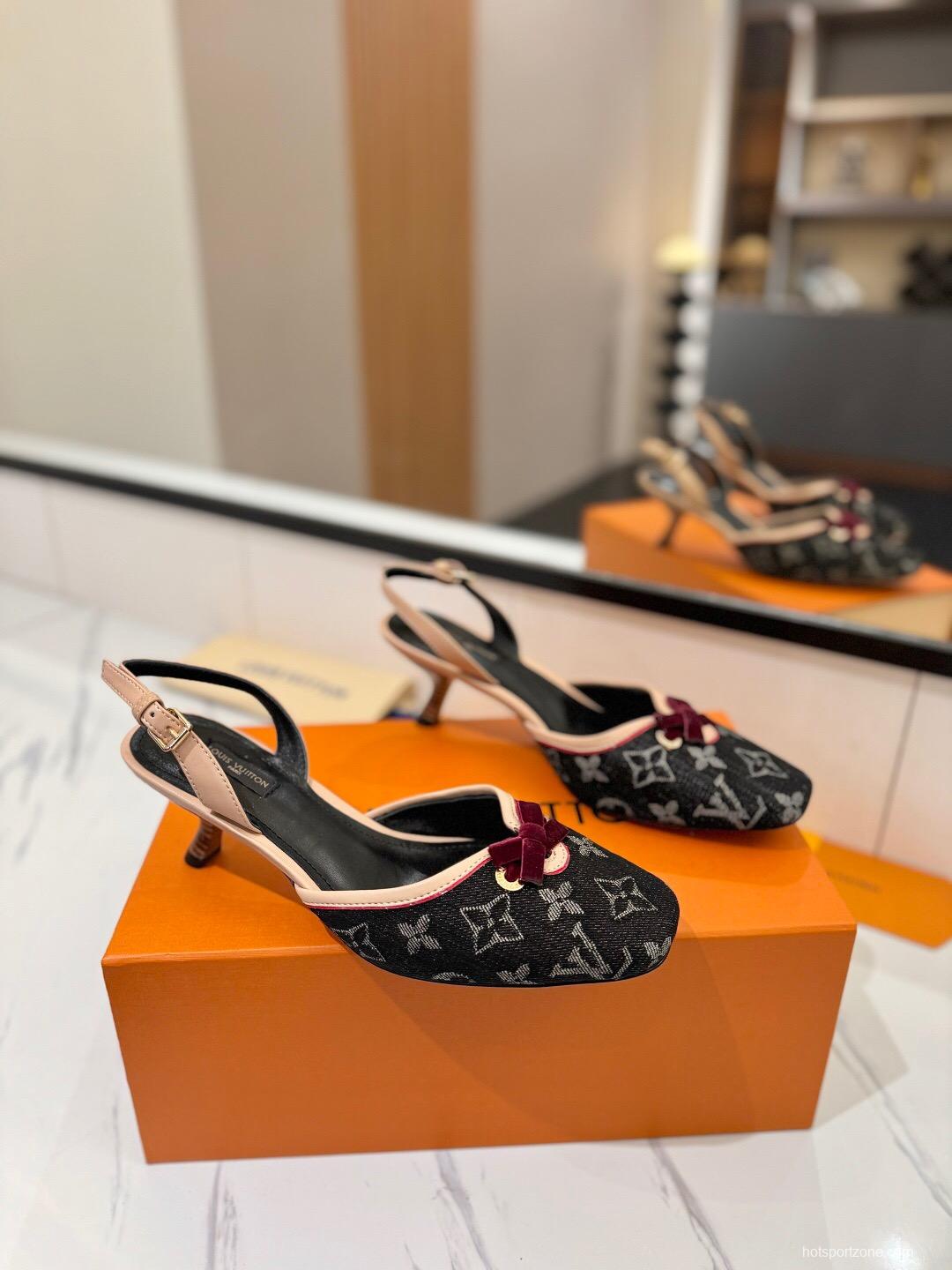 2025 Women LV Black Pink Denim Leather Slingback Heels KFY00310