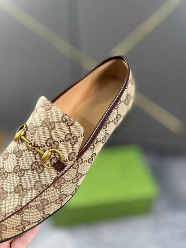 2024 Men Gucci Beige Brown Canvas Leather Loafer