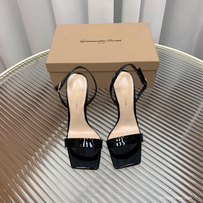 2025 Women Gianvito Rossi Black Patent Leather Slingback Sandals