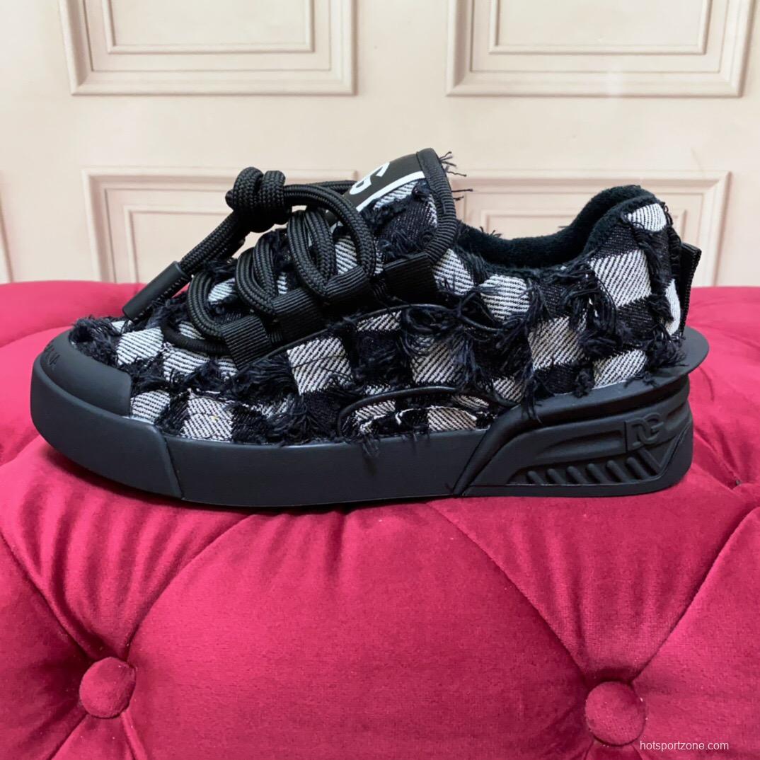 2025 Unisex Dolce & Gabbana Black White Fur Canvas Sneakers