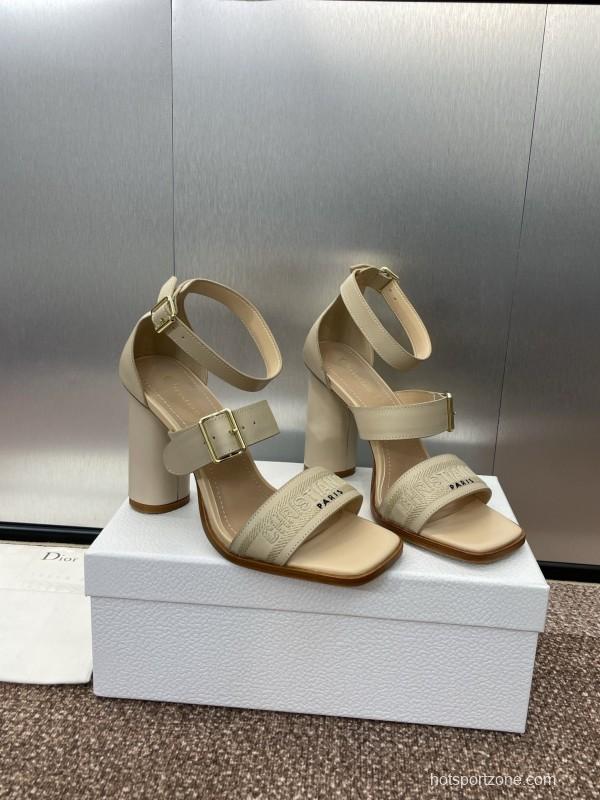 2025 Women Dior Beige Leather Sandals Buckle Strap High Heel