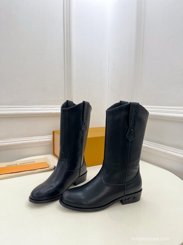 2024 Women Louis Vuitton Black Leather Boots MJ00440