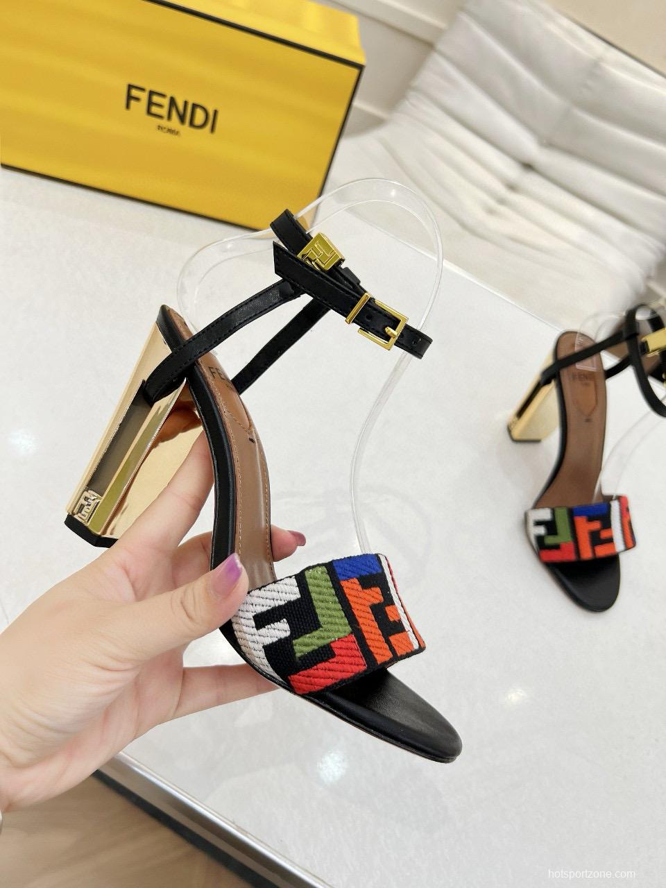 2025 Women Fendi Black Multicolor Leather Suede Sandals MJ00280