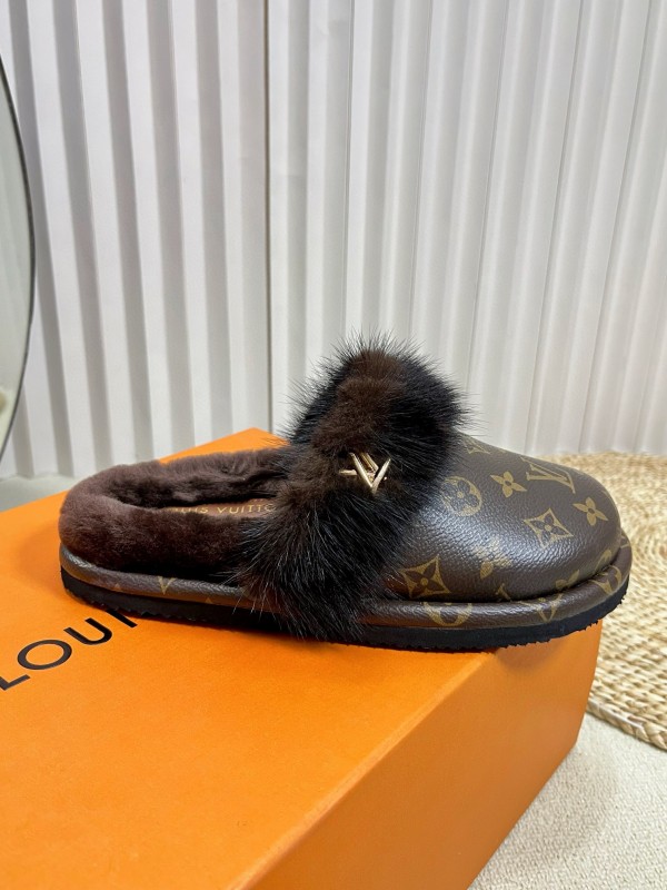 2024 Slippers Louis Vuitton Brown Leather Mink Fur Slippers MJ00340