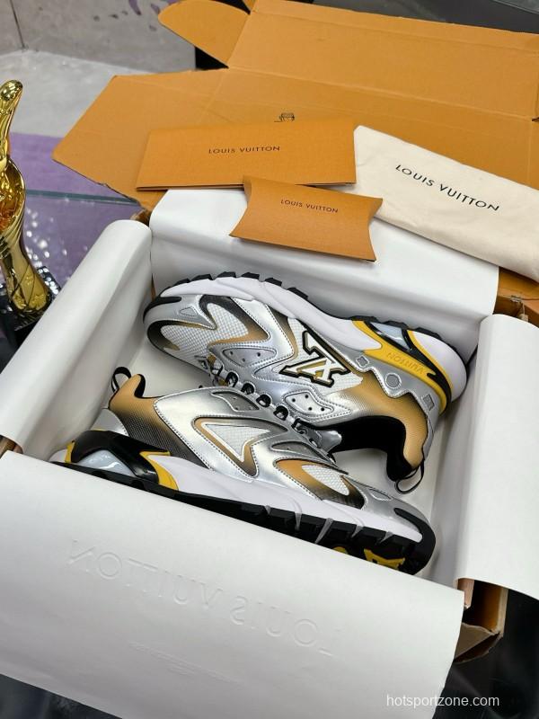 2025 Men Louis Vuitton Gradient Yellow White Leather Mesh Sneakers MJ00420