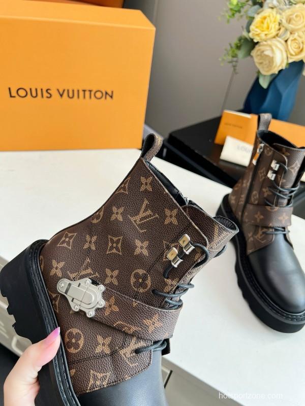 2024 Women Louis Vuitton Brown Black Leather Ankle Boots MJ00310