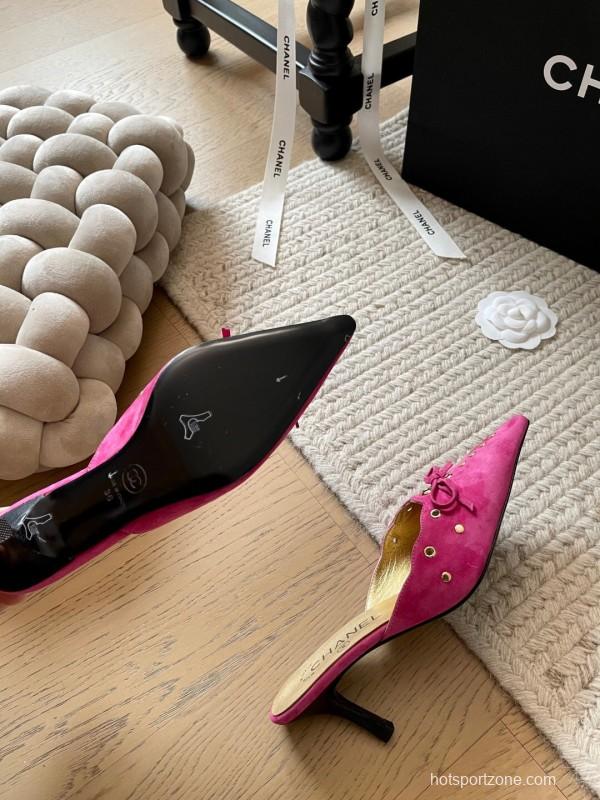 2025 Women Chanel Pink Suede Slip-on Mules KFY00290