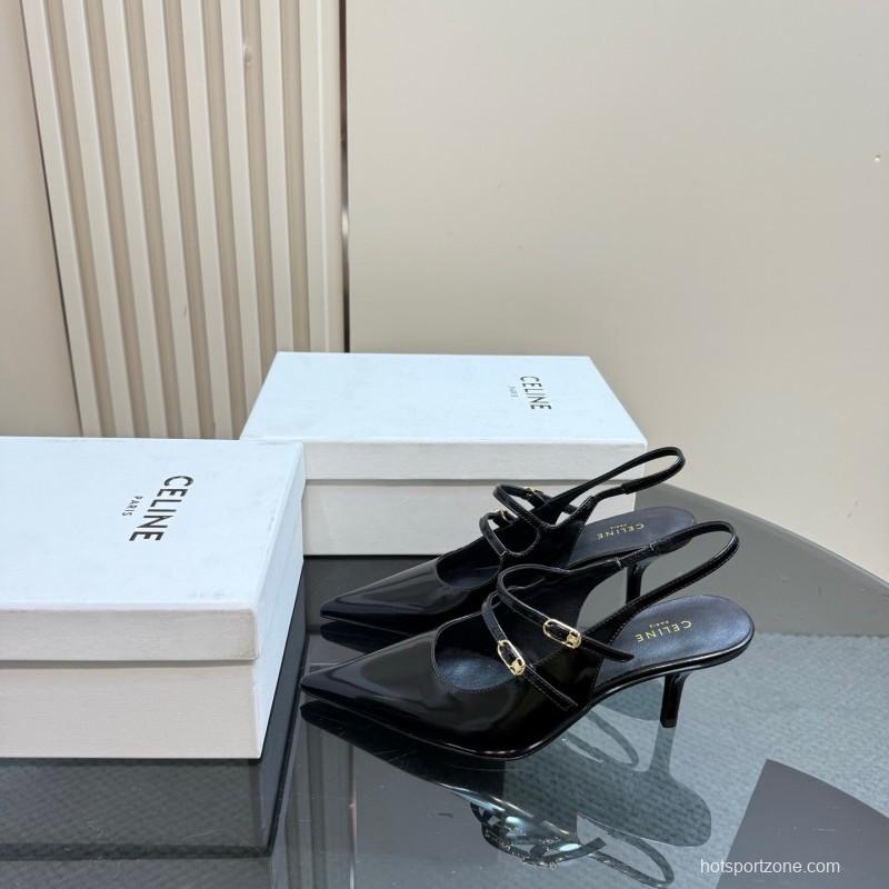 2025 Women CELINE Black Patent Leather Slingback Heels