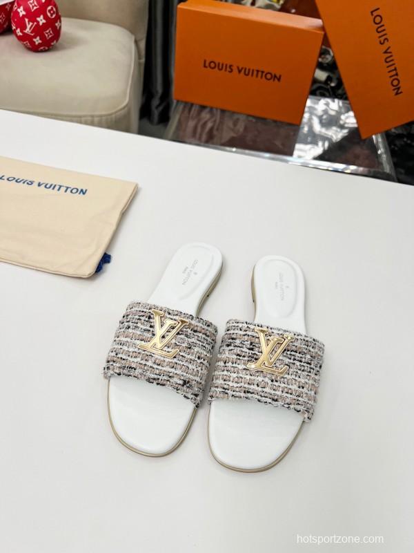 2025 Women Louis Vuitton White Tweed Leather Slippers LY00210