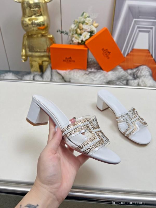 2025 Herme* White Leather Slippers Classic H Pattern MJ00180/215
