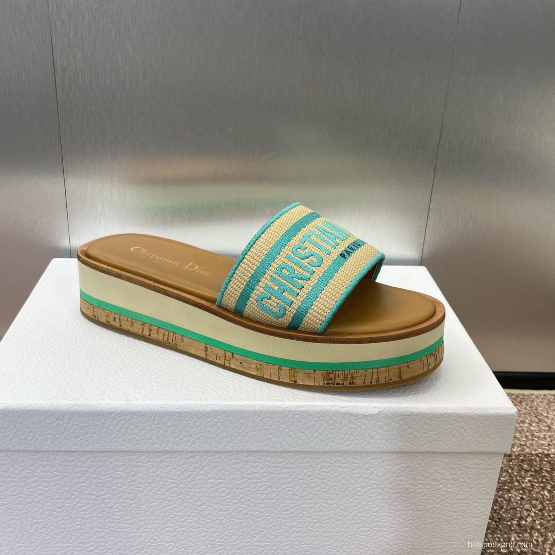 2025 Women Dior Blue Beige Fabric Leather Platform Slide Sandals