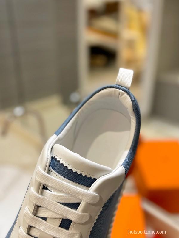 2024 Unisex Hermès Blue White Imported Silk Lambskin Casual Sneakers MJ00320