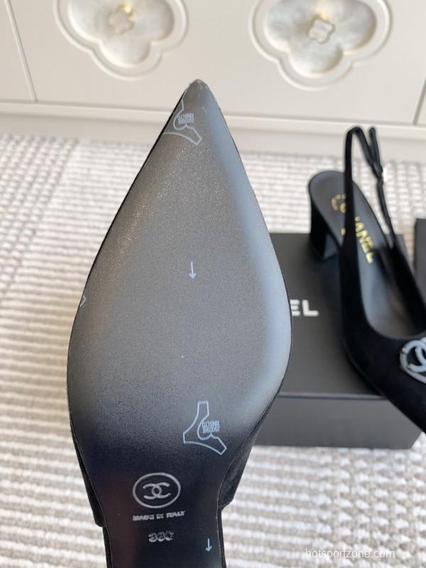 2025 Women Chanel Black Suede Slingback Heels CC Logo KFY00300