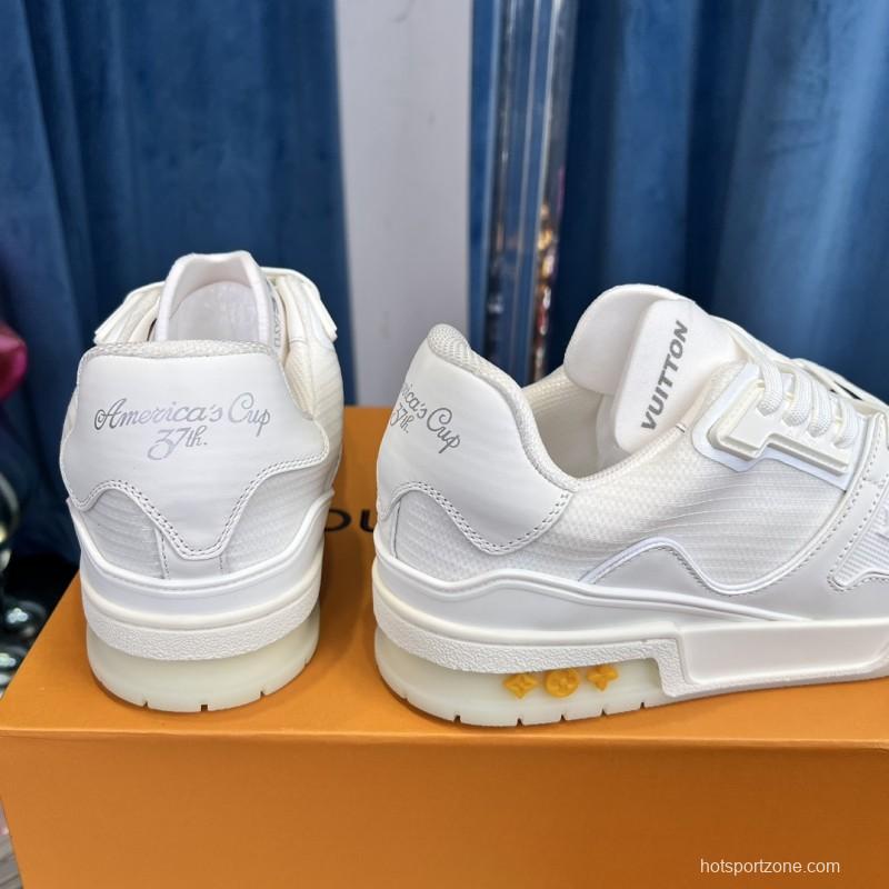 2025 Unisex Louis Vuitton White Calf Leather Mesh Trainer TPU Plimsolls Goodyear Welt