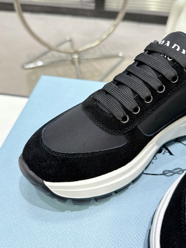 2025 Women Prada Black Leather Mesh Sneakers KFY00310