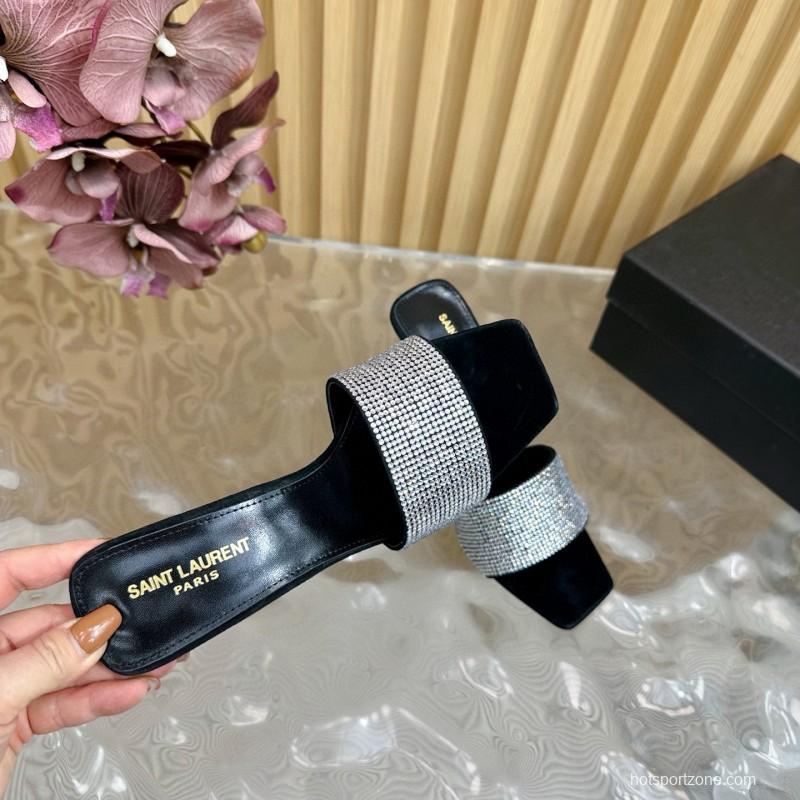 2025 Women Yves Saint Laurent Black Crystal Fabric High Heel Sandals MJ00300