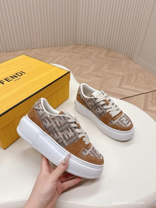 2025 Women Fendi Brown Beige Leather Mesh Sneakers LY00340