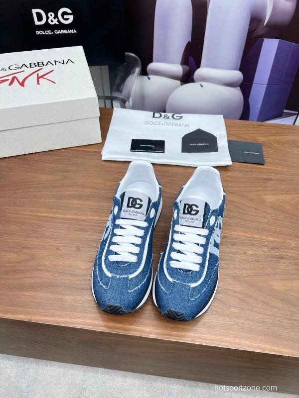 2025 Unisex Dolce & Gabbana Blue Denim Leather Sneakers LY00300