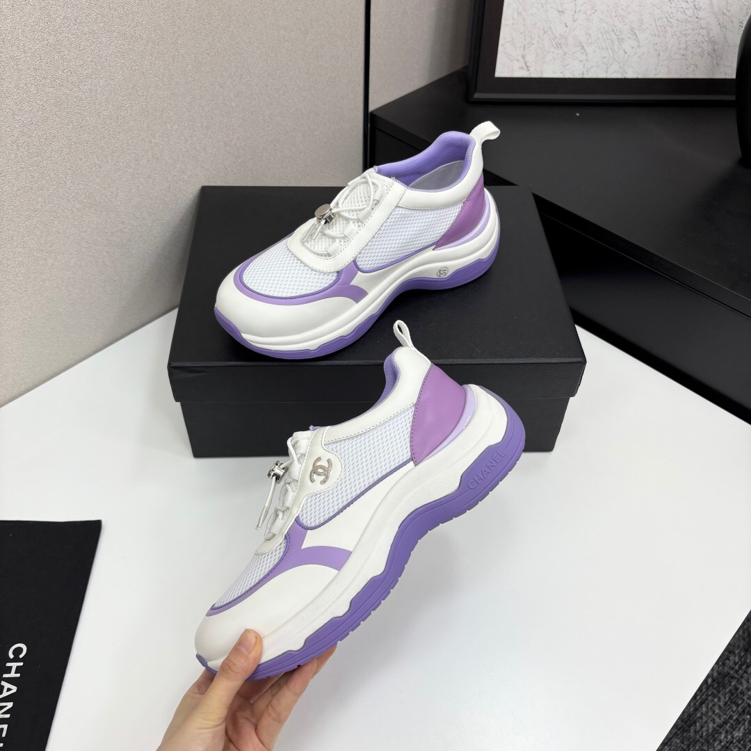 2025 Women Chanel White And Purple Leather And Mesh Casual Sneakers Chunky Sole Classic Logo LY00360(F)