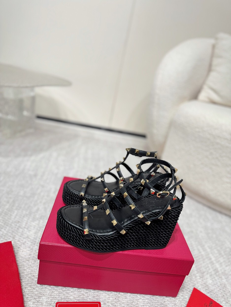 2025 Women Valentino Black Leather Studded Wedge Sandals