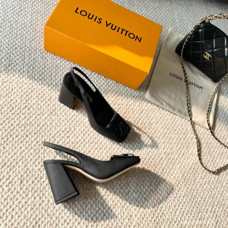 2024 Women Louis Vuitton Black Leather Slingback Heels