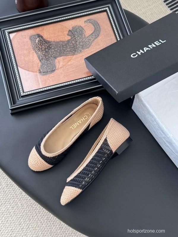 2025 Women Chanel Black Beige Knit Ballet Flats