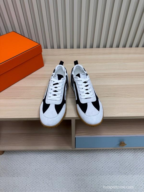 2025 Unisex Hermès White Black Suede Goat Leather Sneakers Top Version KFY00300