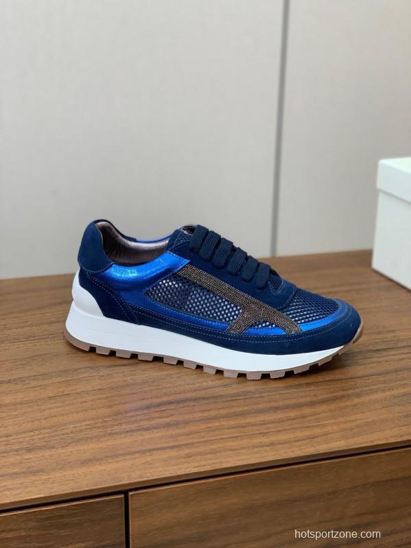 2025 Men Brunello Cucinelli Blue Navy Suede Mesh Casual Sneakers KFY00310